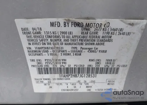 2018 Ford Taurus Sel из США, поврежденный, VIN 1FAHP2H87JG128531